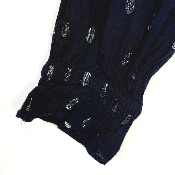 Ann Taylor Factory Navy Blue Silver Metallic Polka Dot Lightweight V Neck Blouse - Picture 12 of 15